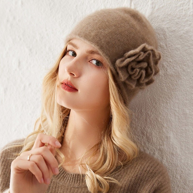 Womens Cashmere Beanie Hat With Handmade Crochet Flower Floral Hats Taupe M
