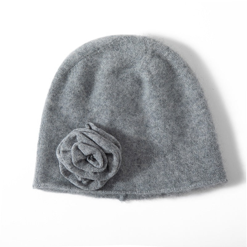 Womens Cashmere Beanie Hat With Handmade Crochet Flower Floral Hats Gray M