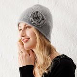 Womens Cashmere Beanie Hat With Handmade Crochet Flower Floral Hats Gray M
