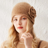 Womens Cashmere Beanie Hat With Handmade Crochet Flower Floral Hats Camel M