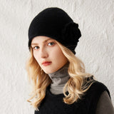 Womens Cashmere Beanie Hat With Handmade Crochet Flower Floral Hats Black M