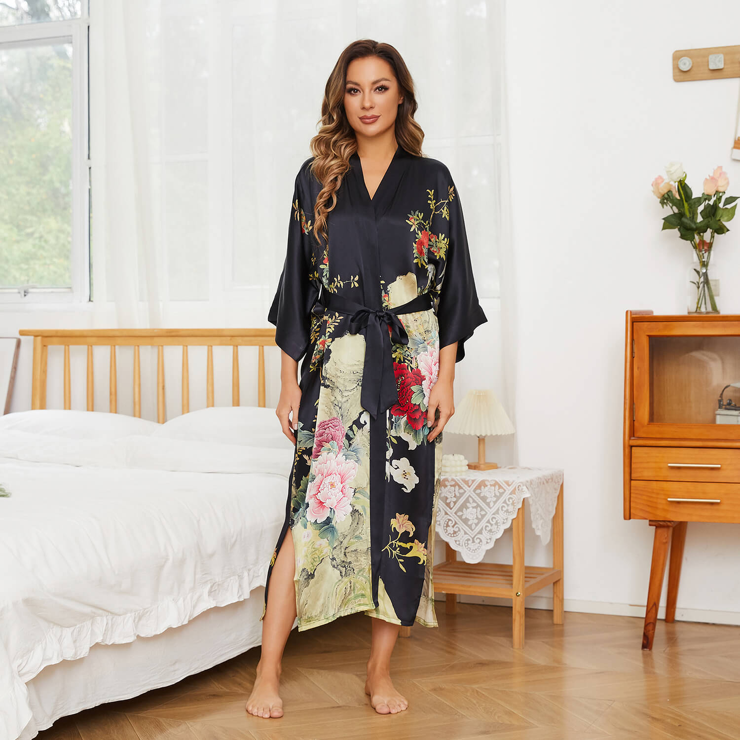 Floral Print Silk Kimono Robes Peony Blossoms Silk Bathrobe