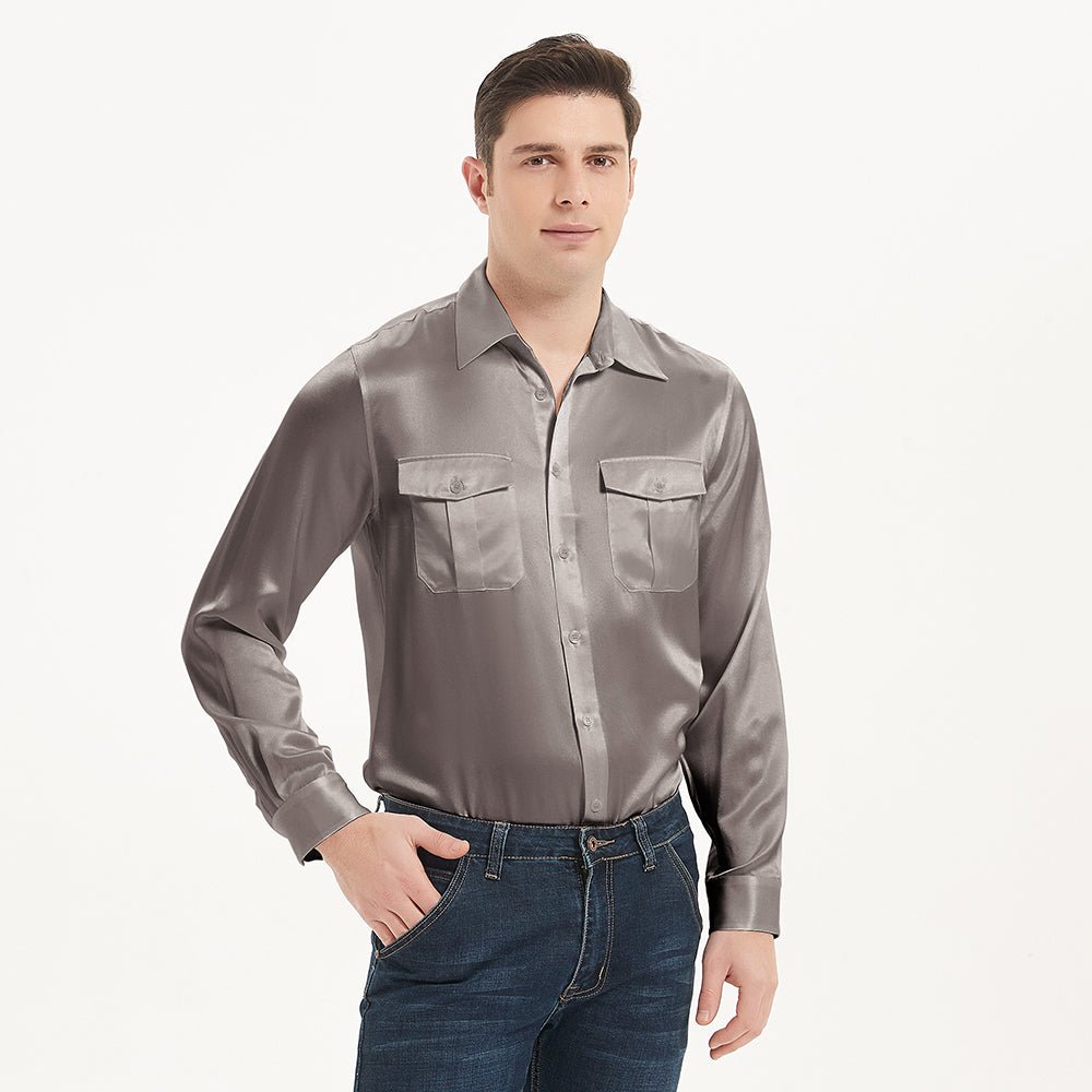 100% Mulberry Silk Shirt For Men Silk Long Sleeves Top