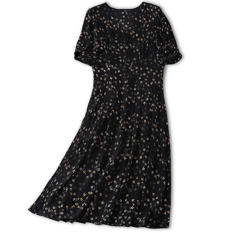 100% Silk Black Floral Print Dress Ladies Summer Chic Silk Dresses