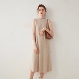 Robe en cachemire sans manches pour femme Robe midi en tricot de cachemire à col montant
