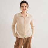 Cardigan en pur cachemire pour femme, tricot torsadé, bouton sur le devant, col polo, pull en cachemire