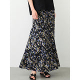 Jupe longue en soie noire pour femme, robe longue en soie à imprimé floral