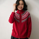Womens Fair Isle Cashmere Cardigan Full Zip Mock Neck Cashmere Sweater