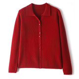Cardigan en pur cachemire pour femme, tricot torsadé, bouton sur le devant, col polo, pull en cachemire
