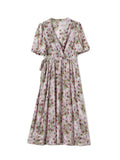 Robe mi-longue en soie pour femme avec imprimé floral, manches bouffantes et taille plissée