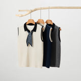 Womens Polo Neck Cashmere Vest Contrast Trim Sleeveless Cashmere Knit Sweater