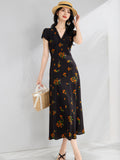 Womens Floral Print Silk Midi Dress V Neck Lace Trim A Line Silk Dress