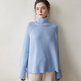 Pull en cachemire côtelé pour femme Pull raglan en cachemire à col roulé