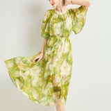 Robe mi-longue en soie et mousseline pour femme, manches flottantes, imprimé floral vert<tc>color</tc> Robe en soie verte