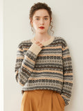Womens Fair Isle Cashmere Knit Sweater Crew Neck Cashmere Pullover