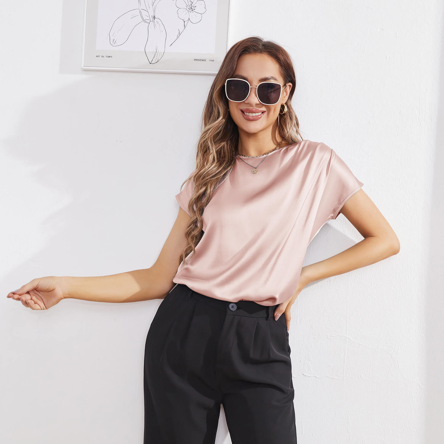 Womens Silk Tops Round Neck Short Sleeves Pure Silk Shirts