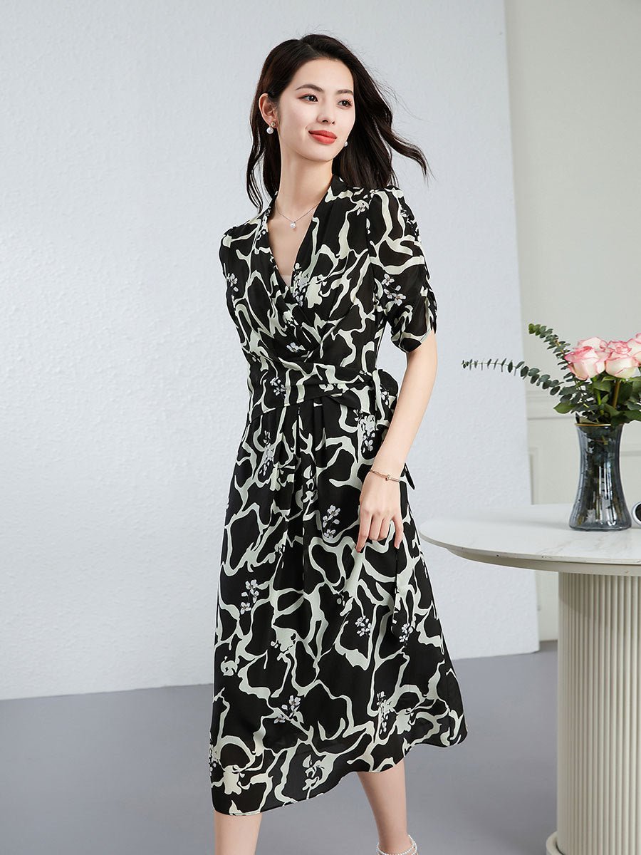 Abstract Print Silk Wrap Dress for Women Silk Midi Dress V Neck Short Sleeve Dress Black XS