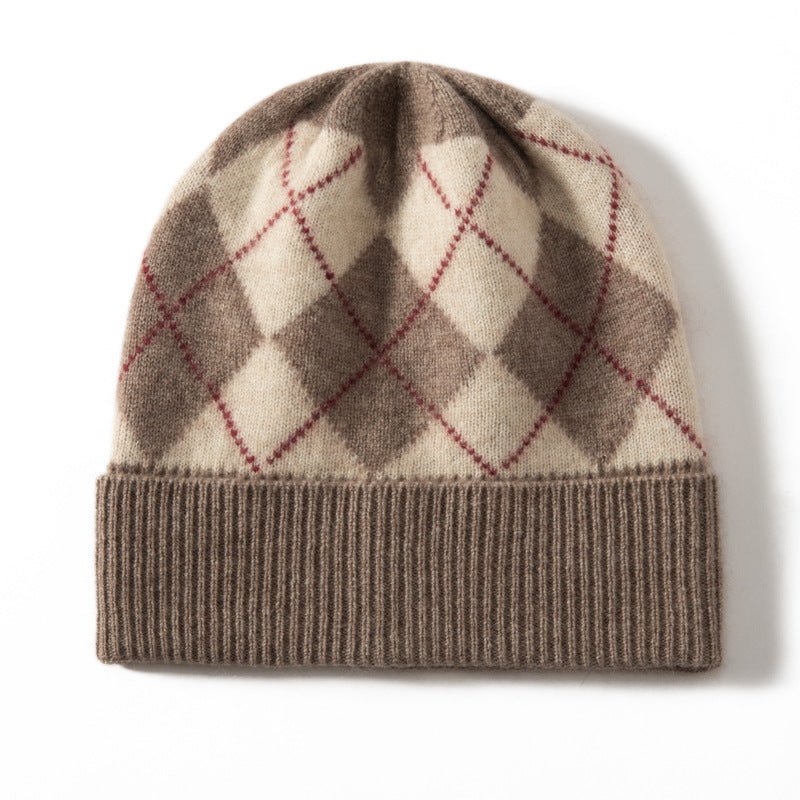 Argyle Cashmere Knit Beanie Patterned Cashmere Winter Cap Diamond Cashmere Hat