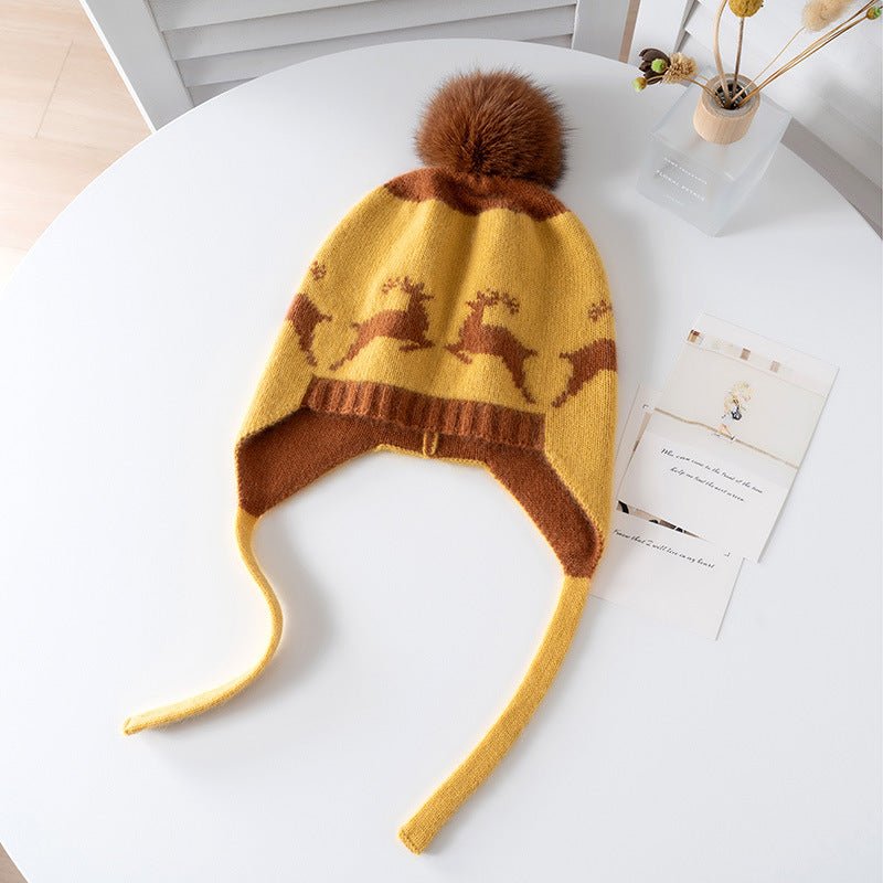 Baby Reindeer Pattern Cashmere Beanie Fur Pom Kids Cashmere Hats