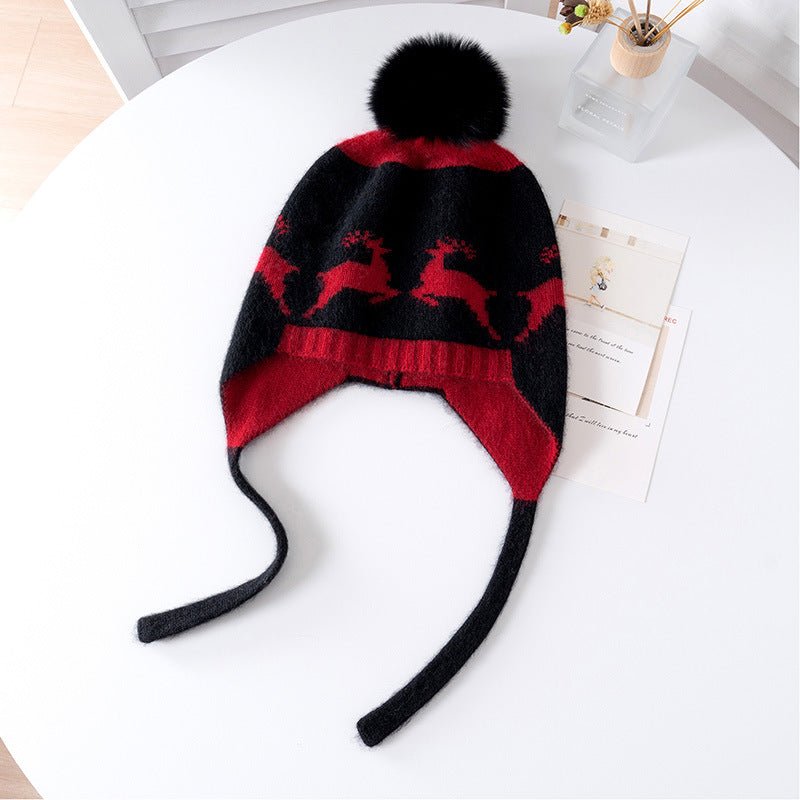 Baby Reindeer Pattern Cashmere Beanie Fur Pom Kids Cashmere Hats