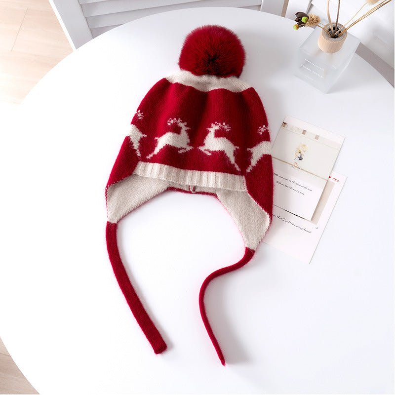 Baby Reindeer Pattern Cashmere Beanie Fur Pom Kids Cashmere Hats