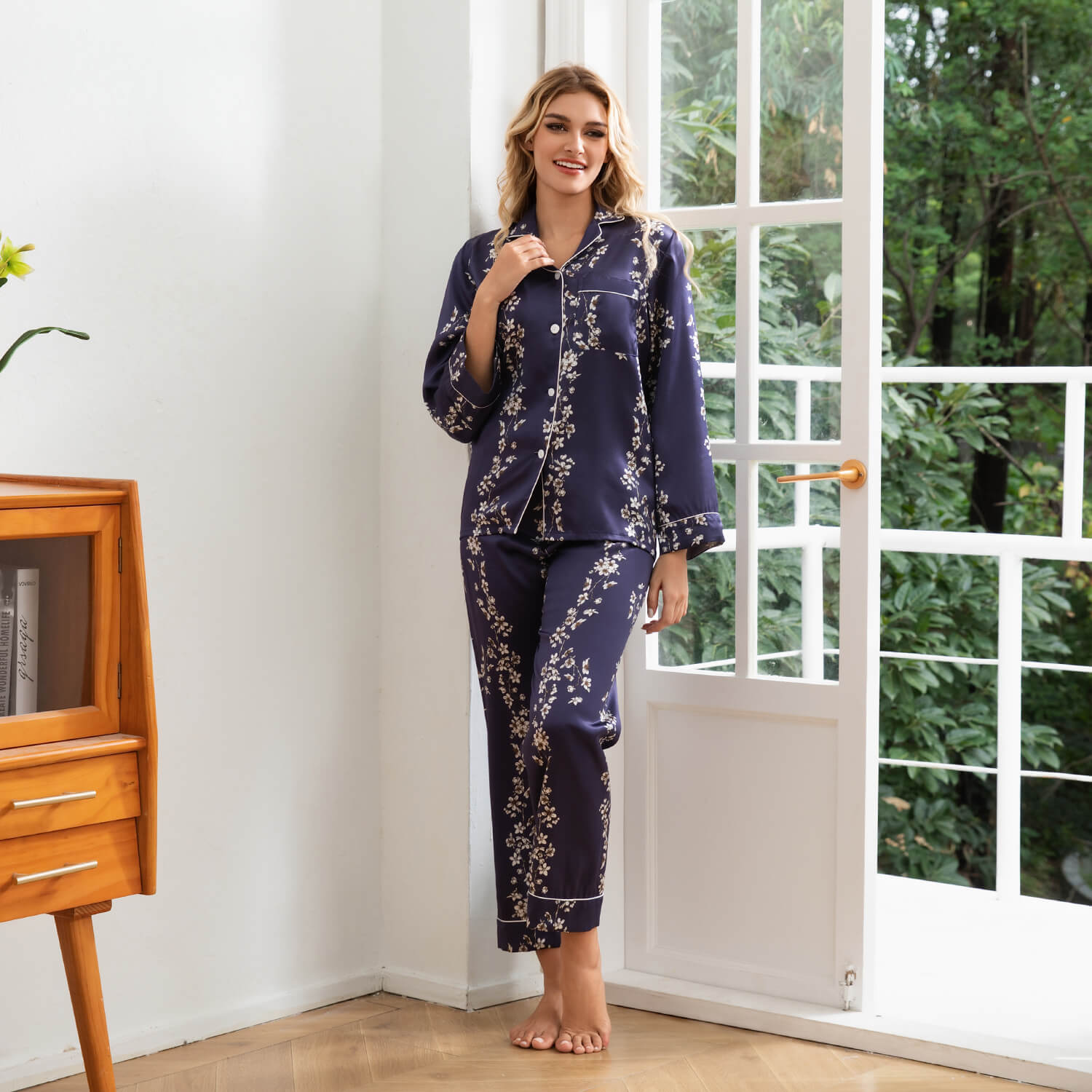 Blossom Print Silk Pajamas for Women Floral Silk Sleepwear Silk Pajama Set Silk Pj Set