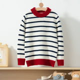 Contrast Ribbed Trim Crew Neck Cashmere Sweater Kids Striped Pullover Red 100