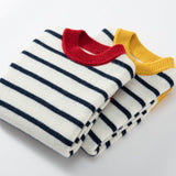 Contrast Ribbed Trim Crew Neck Cashmere Sweater Kids Striped Pullover Yellow 100