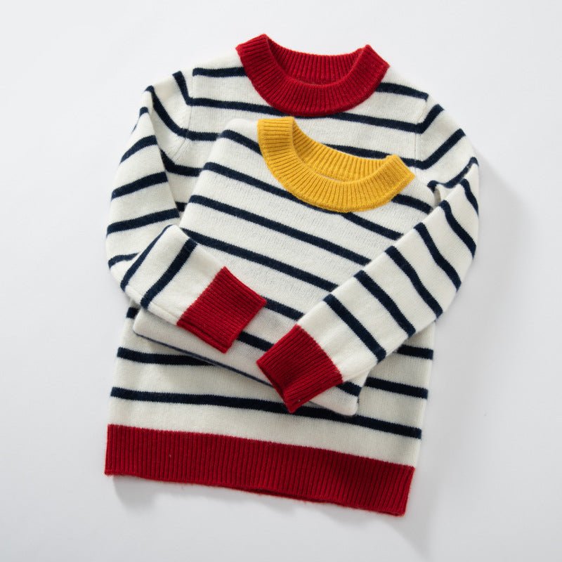 Contrast Ribbed Trim Crew Neck Cashmere Sweater Kids Striped Pullover Yellow 100