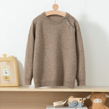 Kids Crew Neck Button Shoulder Cashmere Sweater Long Sleeve Raglan Top Taupe 100