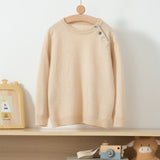 Kids Crew Neck Button Shoulder Cashmere Sweater Long Sleeve Raglan Top Beige 100