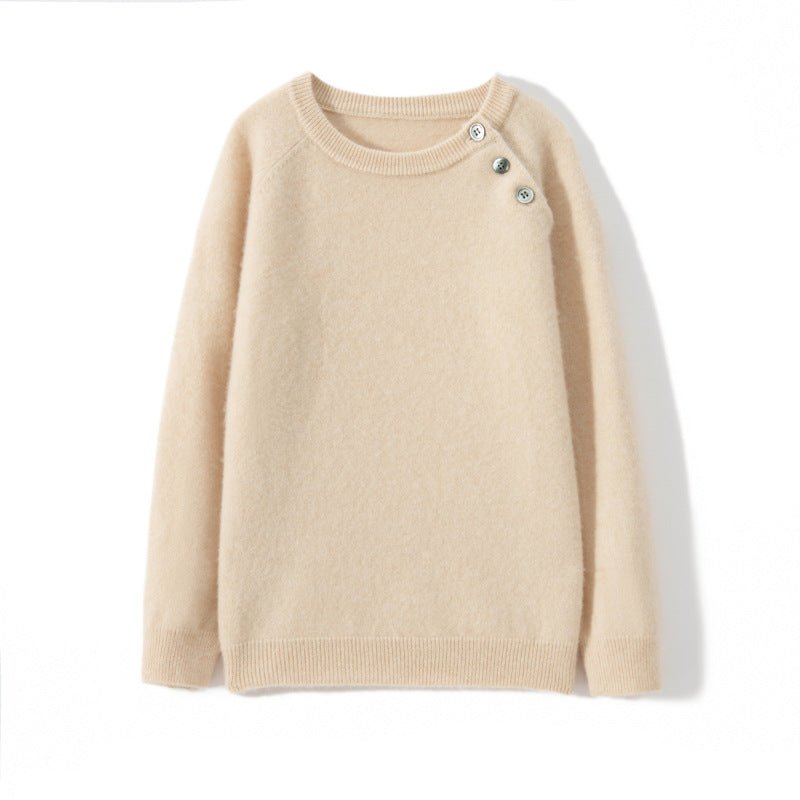Kids Crew Neck Button Shoulder Cashmere Sweater Long Sleeve Raglan Top Beige 100