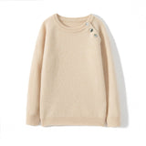 Kids Crew Neck Button Shoulder Cashmere Sweater Long Sleeve Raglan Top Beige 100