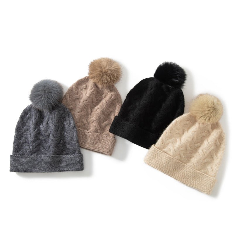 Cable Knit Cashmere Beanie with Pom Textured Cashmere Hat