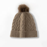 Cable Knit Pure Cashmere Beanie with Fur Pom Cashmere Hat Fluffy Pom