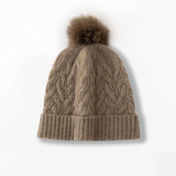 Cable Knit Pure Cashmere Beanie with Fur Pom Cashmere Hat Fluffy Pom