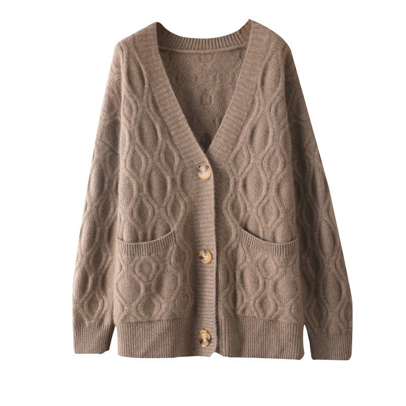 Ladies Cable Knit Cashmere Cardigan Front Pockets V Neck Cashmere Coat Taupe One size fits most