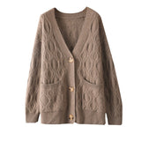 Ladies Cable Knit Cashmere Cardigan Front Pockets V Neck Cashmere Coat Taupe One size fits most