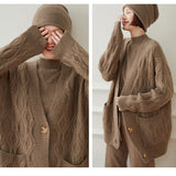 Ladies Cable Knit Cashmere Cardigan Front Pockets V Neck Cashmere Coat Taupe One size fits most