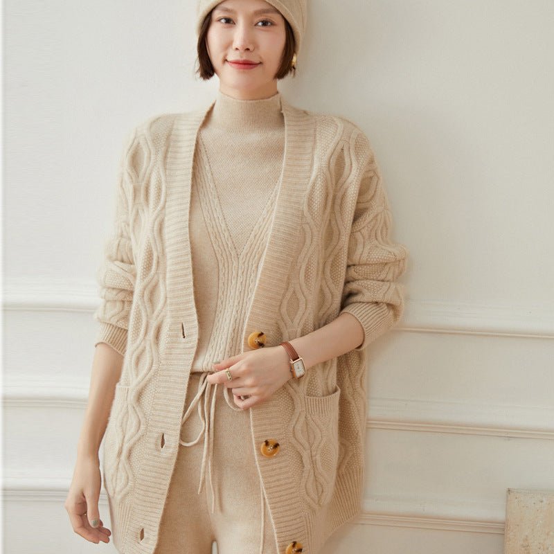 Ladies Cable Knit Cashmere Cardigan Front Pockets V Neck Cashmere Coat Beige One size fits most