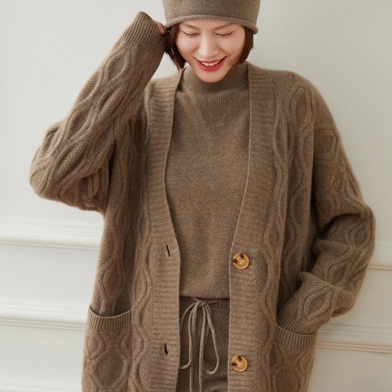 Ladies Cable Knit Cashmere Cardigan Front Pockets V Neck Cashmere Coat Taupe One size fits most