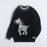 Childrens Cashmere Sweater Zebra Pattern Crew Neck Cashmere Pullover Black 90