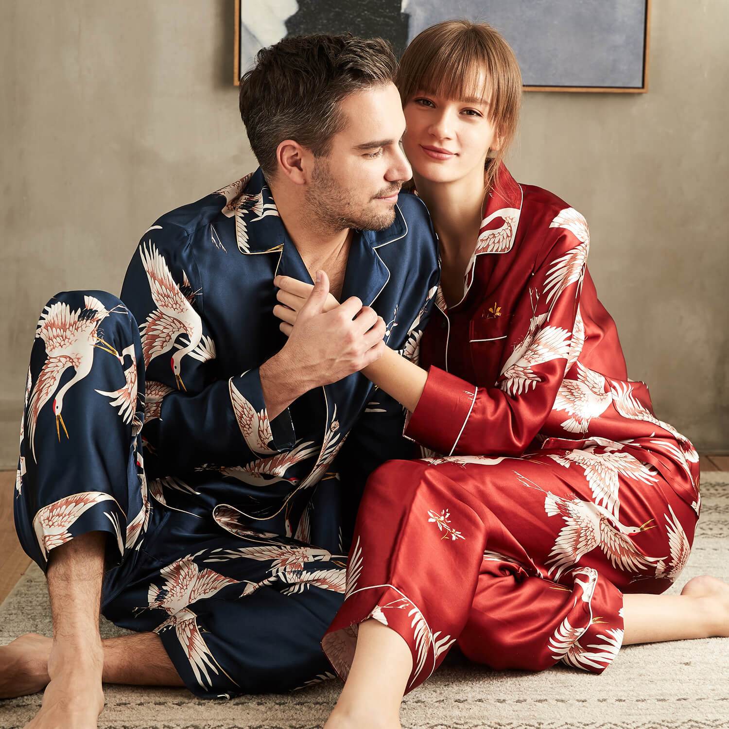 Long Crane Printed Silk Pajamas Set For Couples