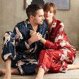 Long Crane Printed Silk Pajamas Set For Couples