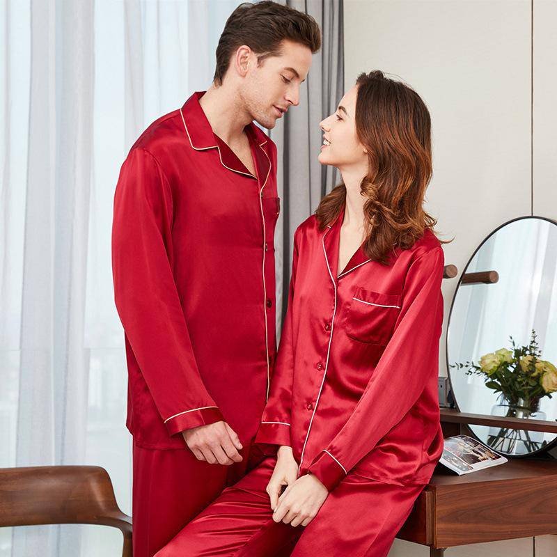 Long Silk Couple Pajamas Set 4pcs Silk Pjs For Mens & Womens