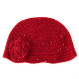Crochet Knit Cashmere Hat with Sequins Flower Cashmere Blend Beanie