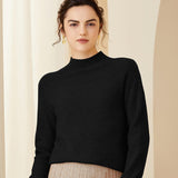 Women Cashmere Sweater Half Turtleneck Openwork Yoke Cashmere Pullover Black XS