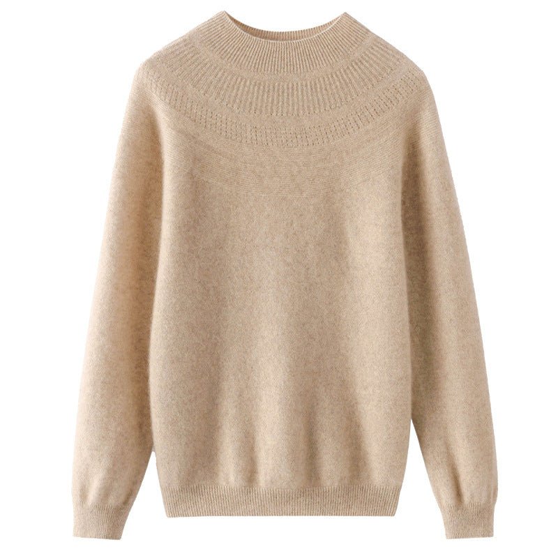 Women Cashmere Sweater Half Turtleneck Openwork Yoke Cashmere Pullover Camel XS