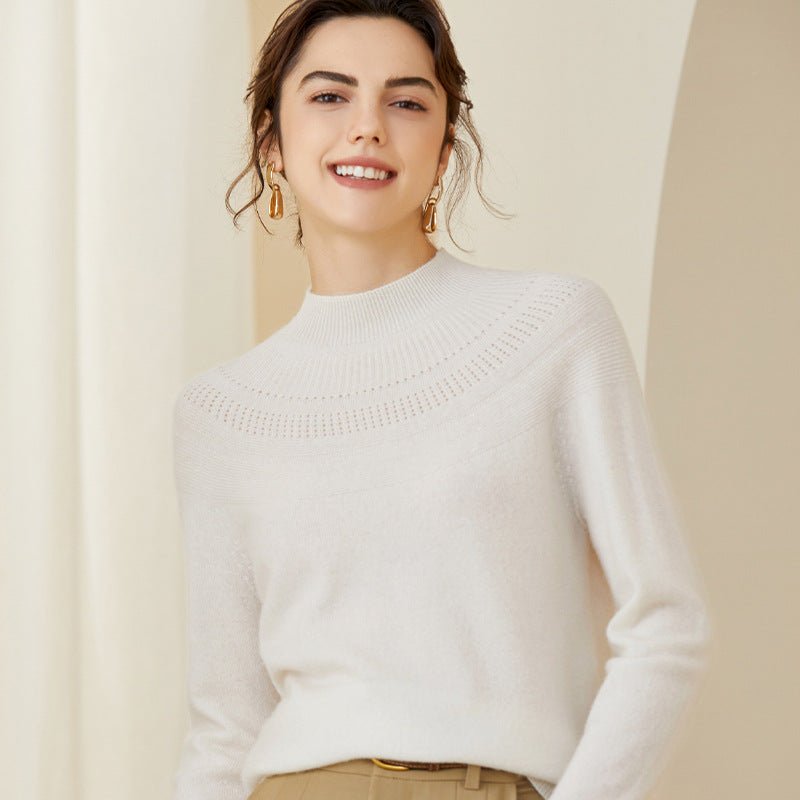Women Cashmere Sweater Half Turtleneck Openwork Yoke Cashmere Pullover Ivory XS