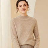 Women Cashmere Sweater Half Turtleneck Openwork Yoke Cashmere Pullover Camel XS